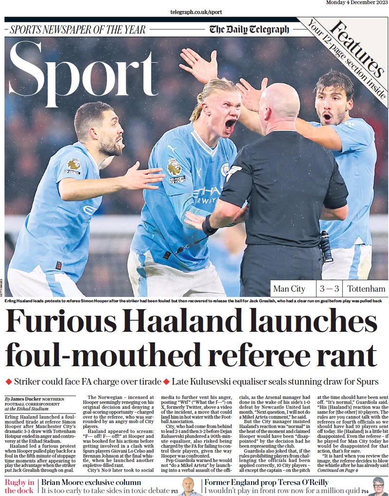Telegraph Sport - Furious Haaland launches foul-mouthed referee rant 

