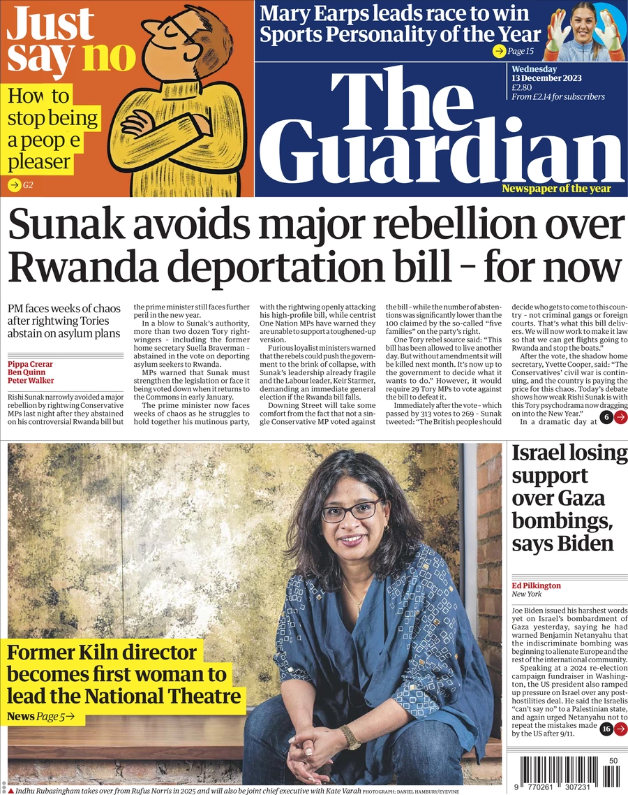 The Guardian - Sunak Avoids Major Rebellion Over Rwanda Deportation Bill - For Now 