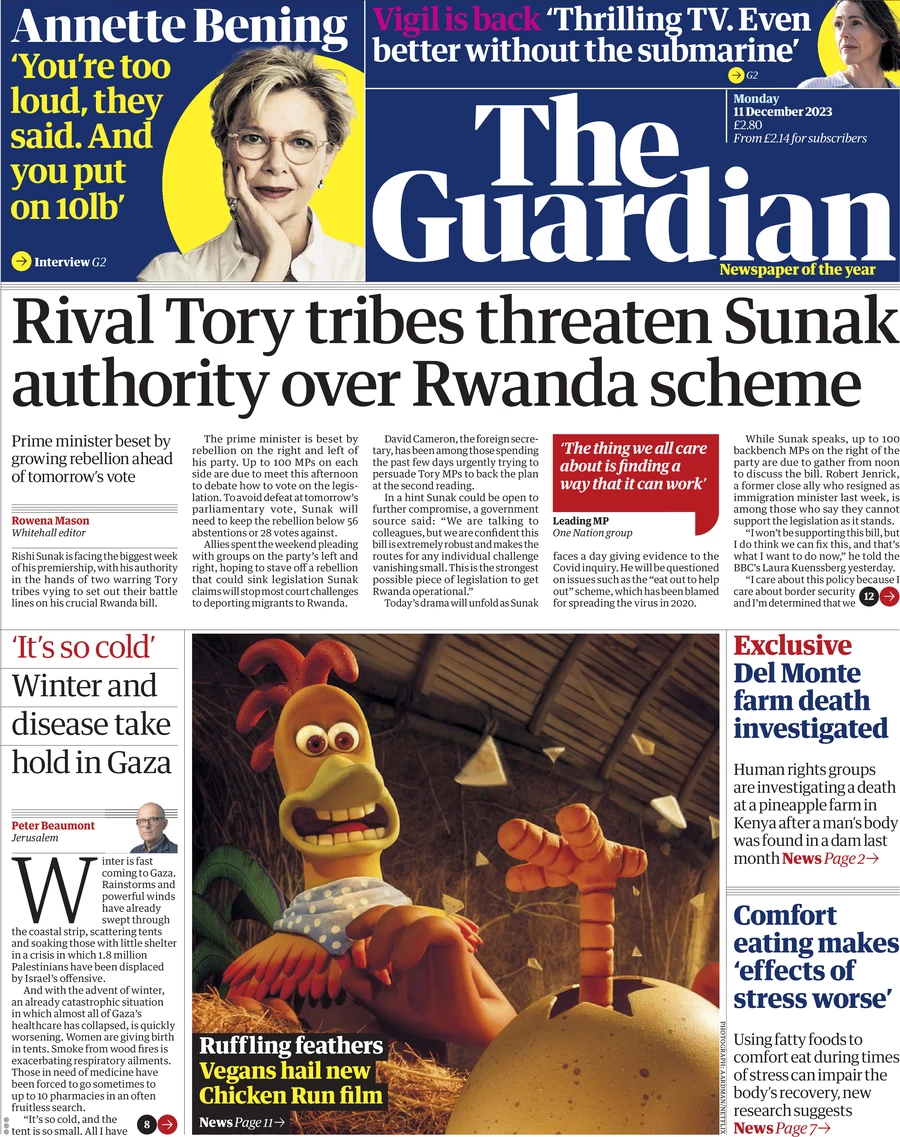 The Guardian - Rival Tory tribes threaten Sunak authority over Rwanda scheme 