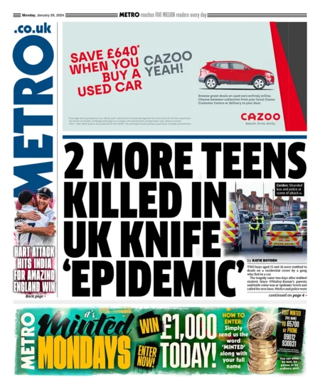 Metro – 2 more teens killed in UK knife epidemic 