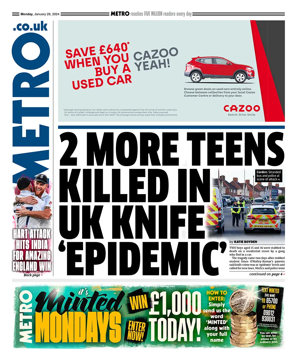 Metro - 2 more teens killed in UK knife epidemic 