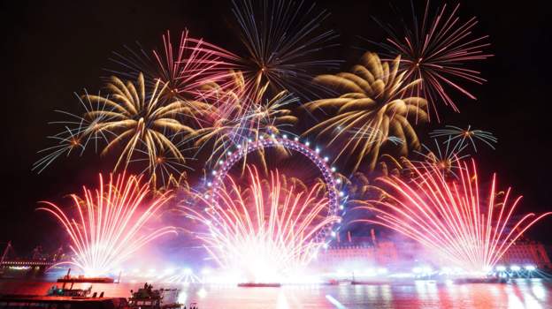 London's fireworks display began with the bongs of Big Ben and the words, lit up in the sky with drones, which read: "London, a place for everyone".
