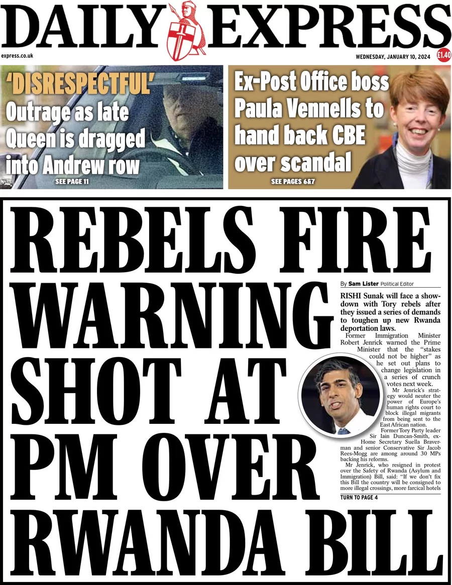 Daily Express - Rebels fire warning shot at PM over Rwanda bill 