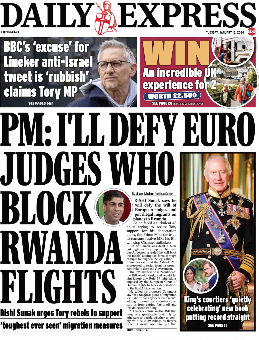 Daily Express - PM: I’ll defy Euro judges who block Rwanda flights 