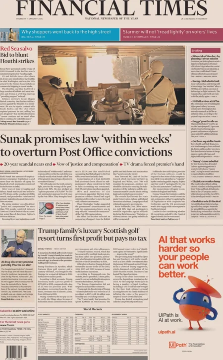 Financial Times - Sunak promises law within weeks to overturn Post Office convictions 