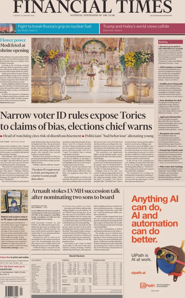 Financial Times – Narrow voter ID rules expose Tories to claims of bias Financial Times – Narrow voter ID rules expose Tories to claims of bias