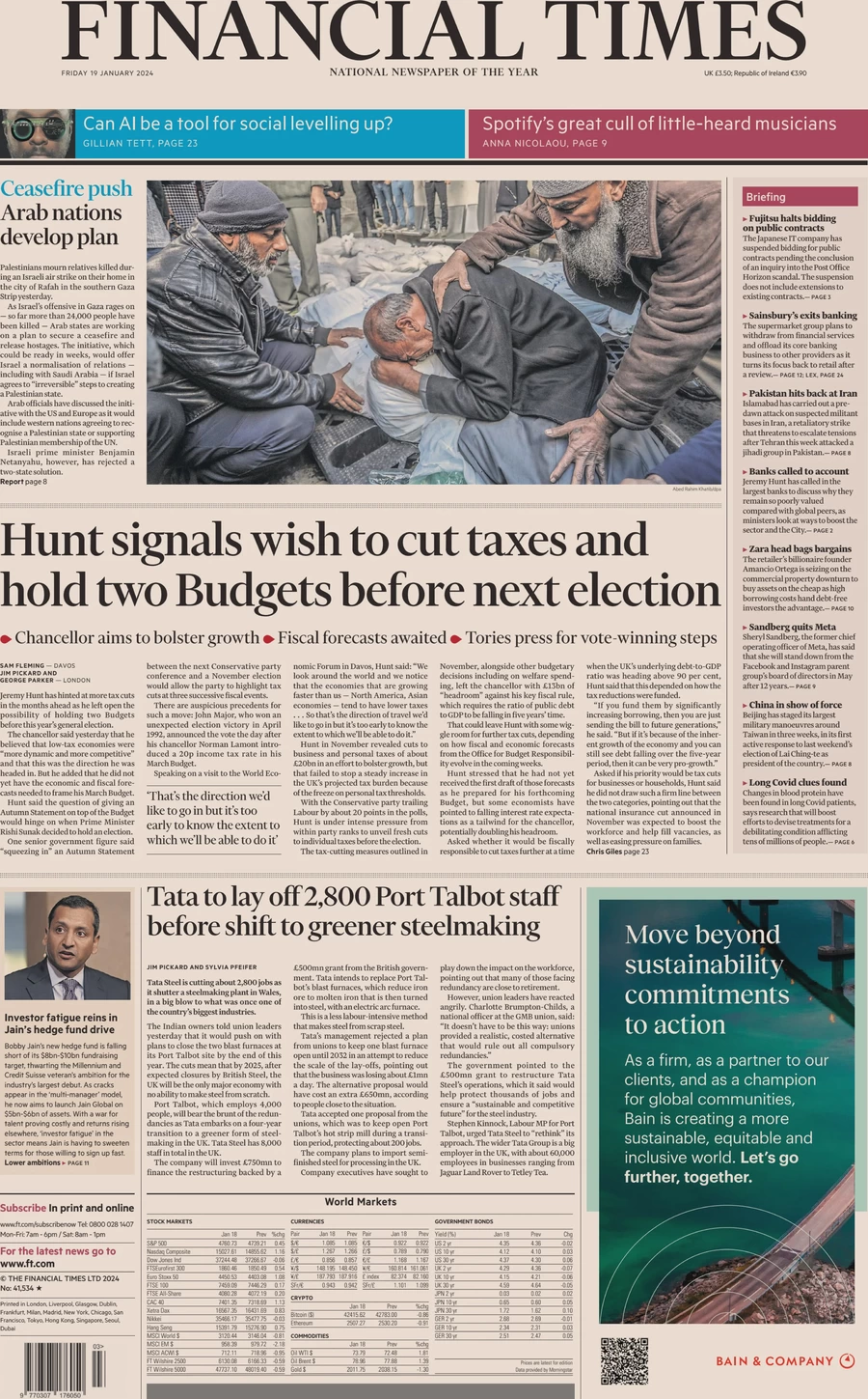 Financial Times - Hunt signals wish to cut taxes and hold two Budgets before next election 