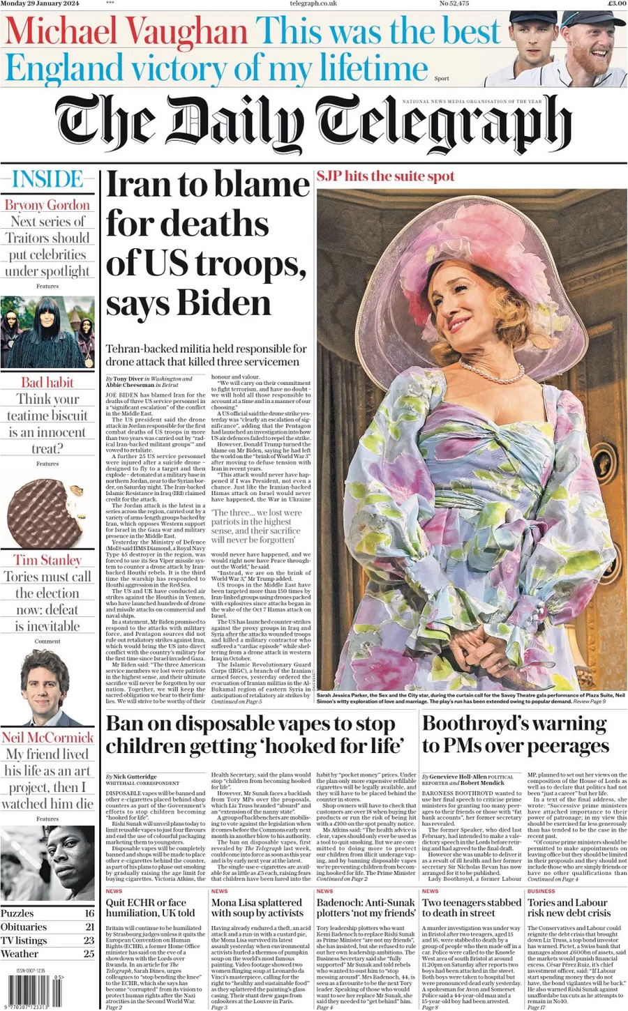 The Daily Telegraph - Iran to blame for deaths of US troops, Biden says 