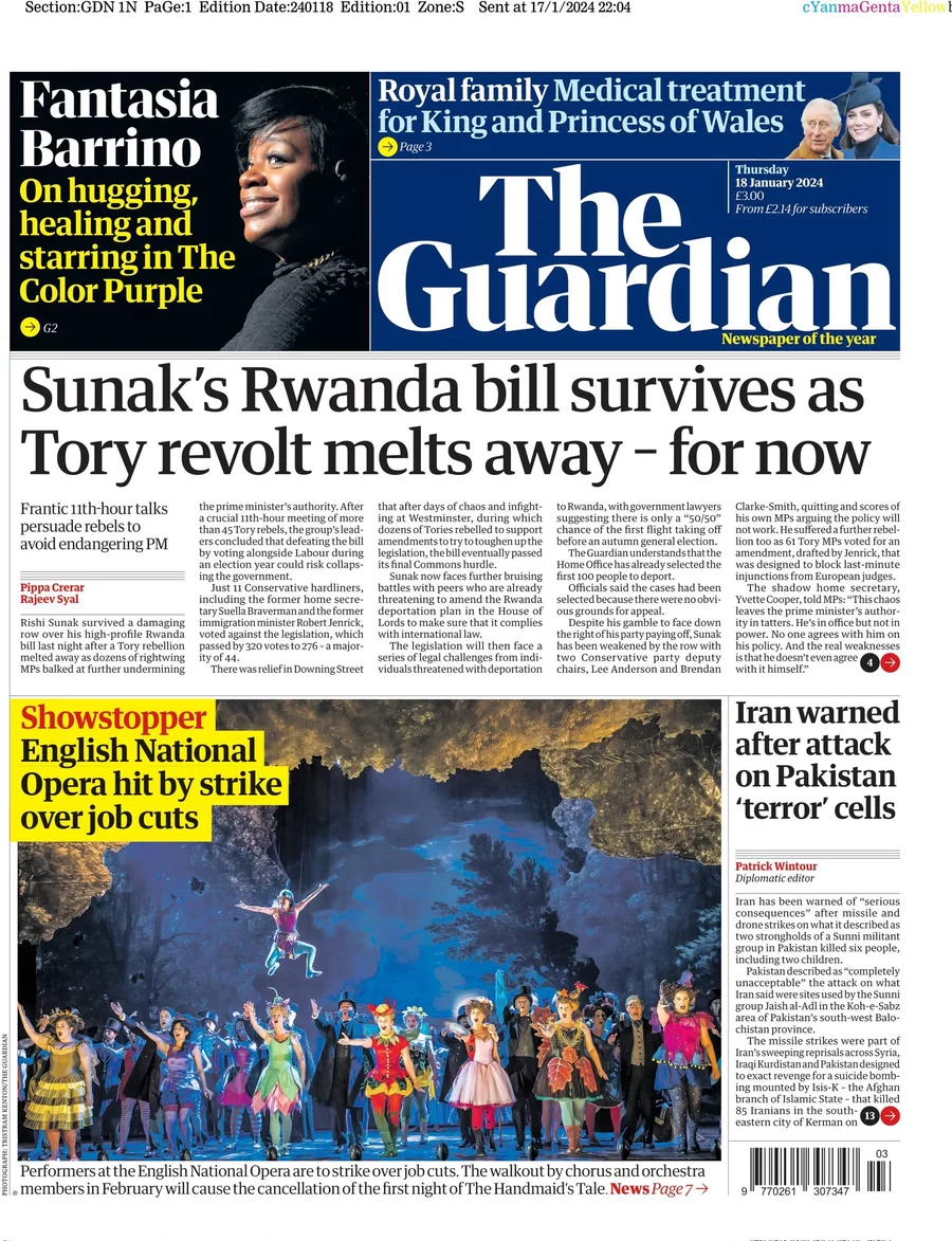 The Guardian - Sunak’s Rwanda bill survives as Tory revolt melts away - for now 