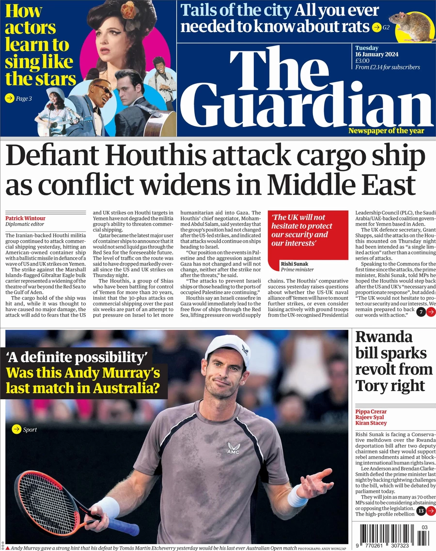 The Guardian - Defiant Houthis attack cargo ship as conflict widens in the Middle East