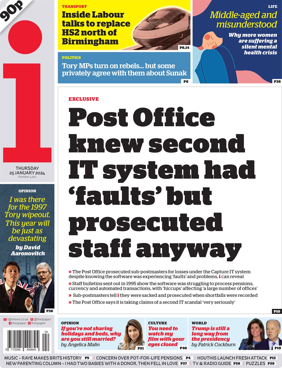 The i newspaper - Post Office knew second IT system had faults but prosecuted staff anyway 