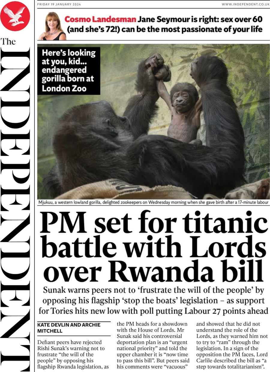 The Independent - PM set for titanic battle with Lords over Rwanda bill 