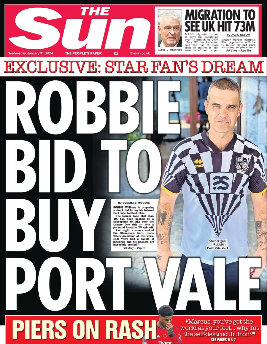 The Sun - Robbie bid to buy Port Vale