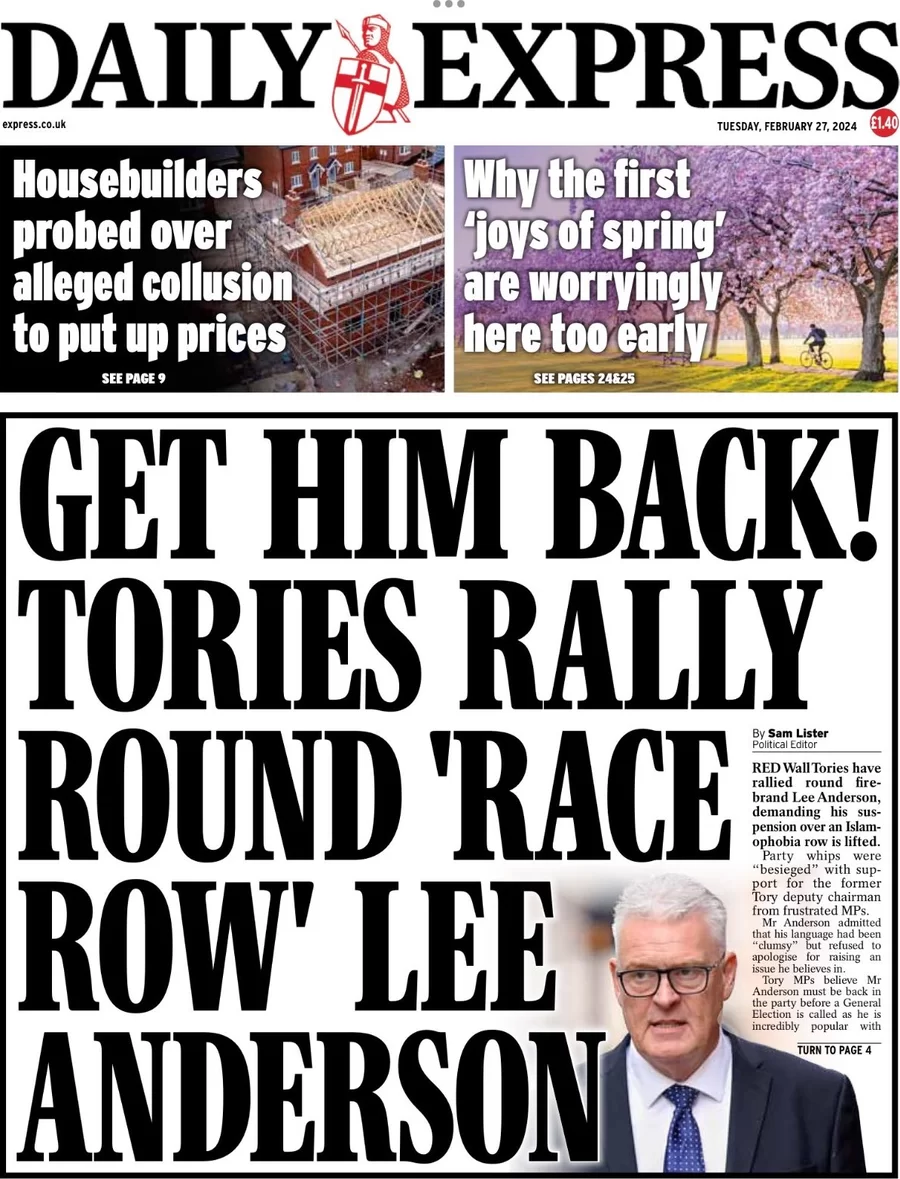 Daily Express - Get him back! Tories rally around race row Lee Anderson