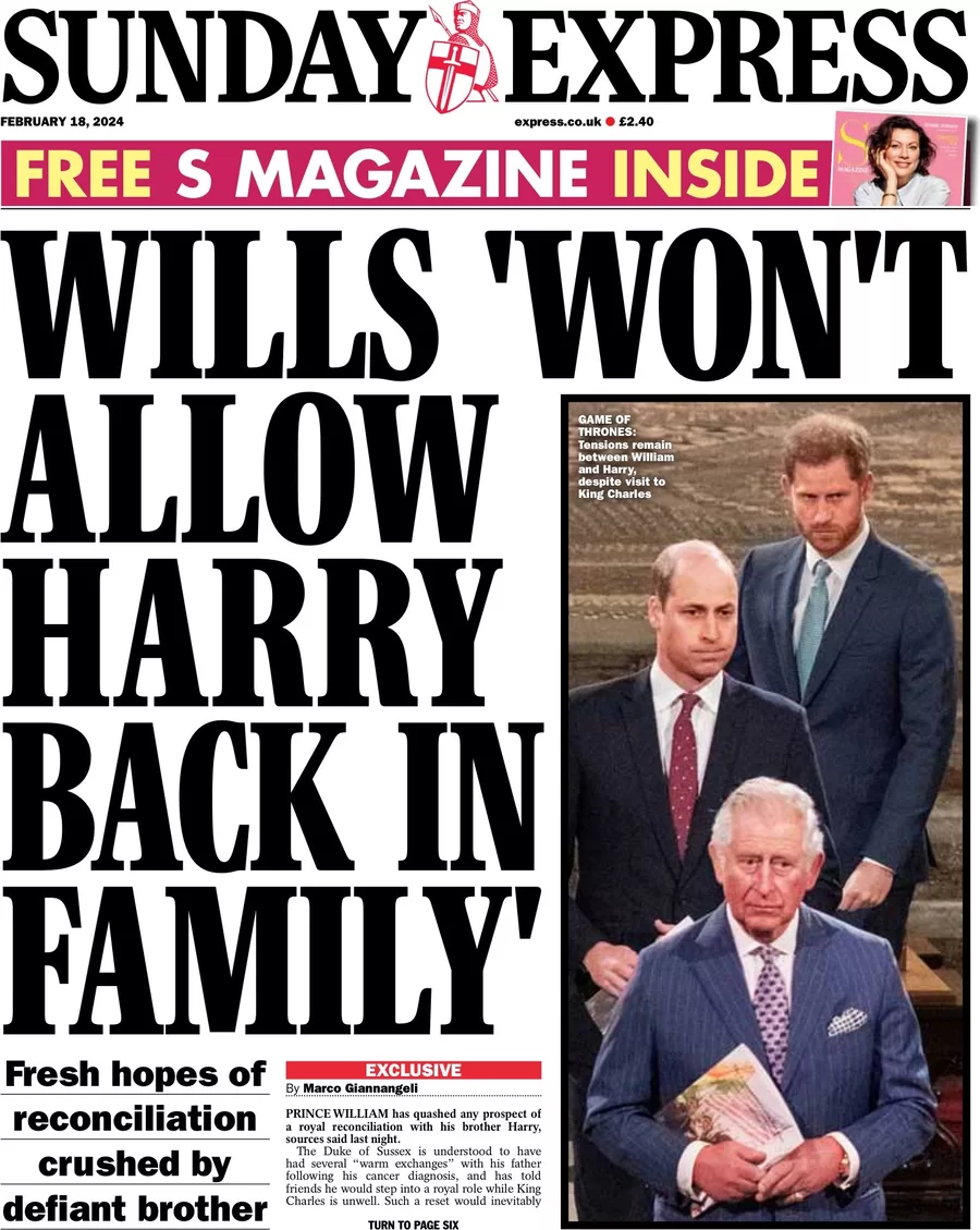 Sunday Express - ‘Will won’t allow Harry back in family’