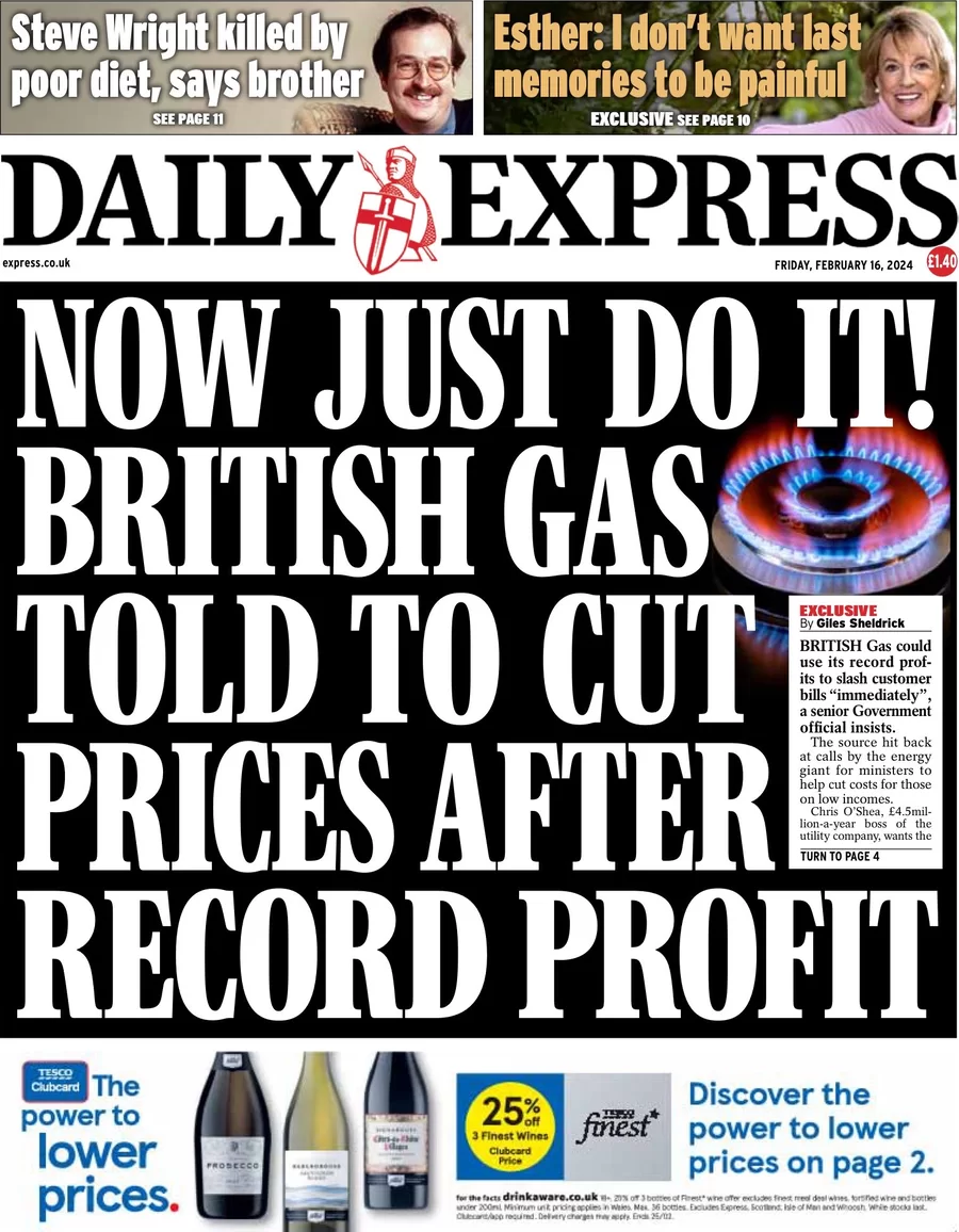 Daily Express - Now just do it! British Gas told to cut prices after record profits 
