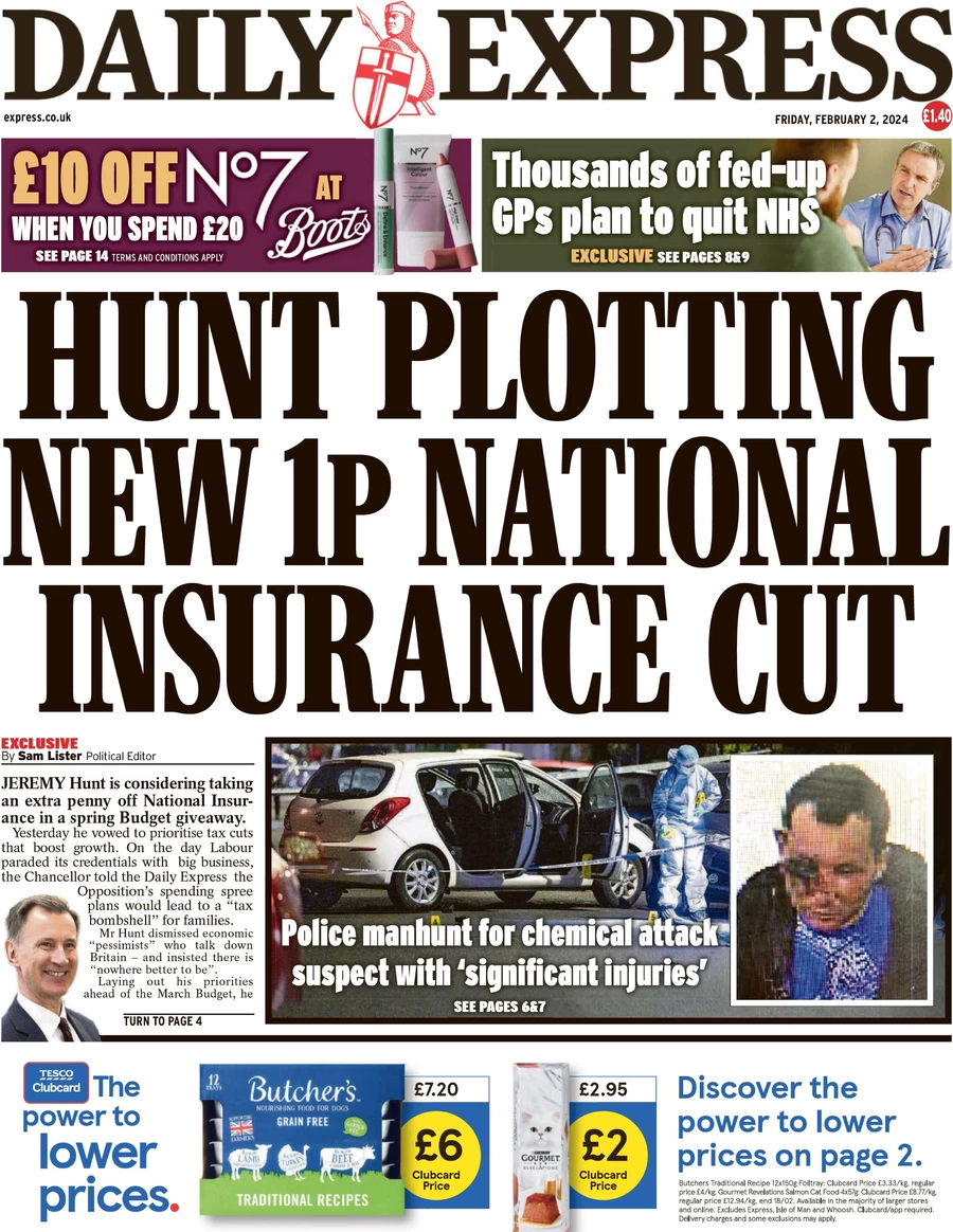 Daily Express - Hunt plotting new 1p National Insurance cut 