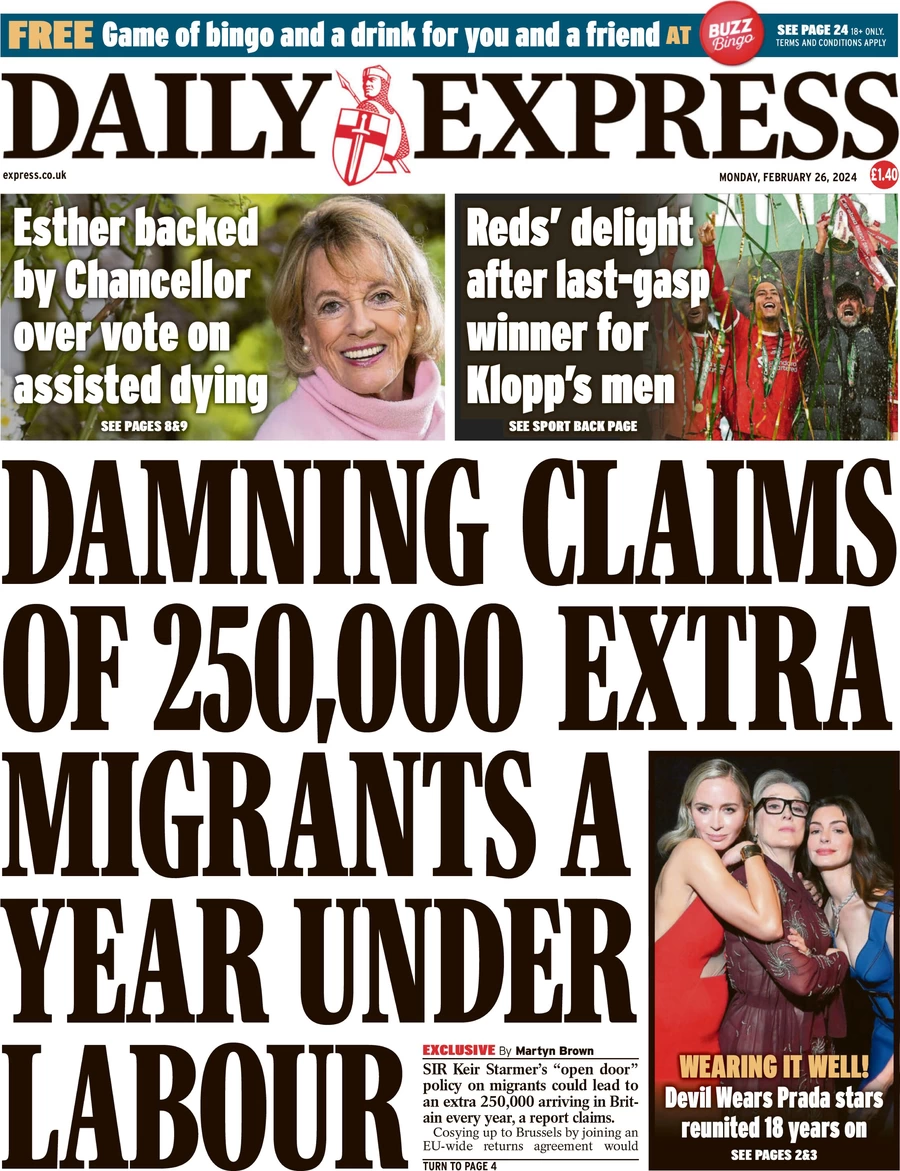 Daily Express - Damning claims of 250,000 extra migrants a year under Labour 