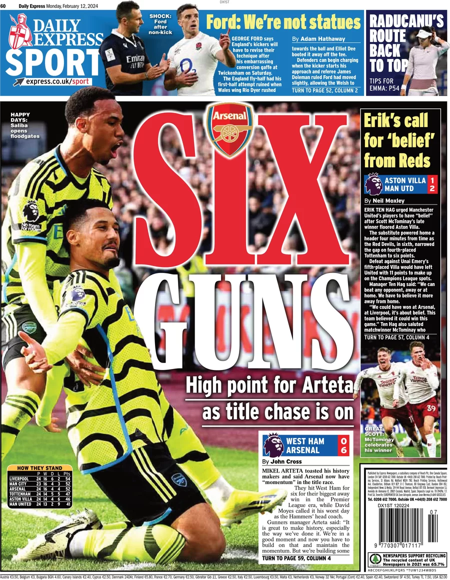 Express Sport - High point for Arteta as title chase is on: Six Guns 
