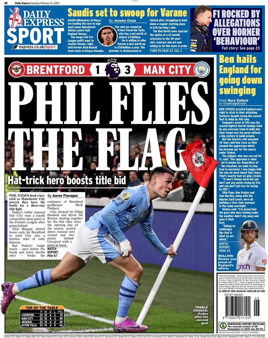 Express Sport - Brentford 1-3 Manchester City: Phil flies the flag 