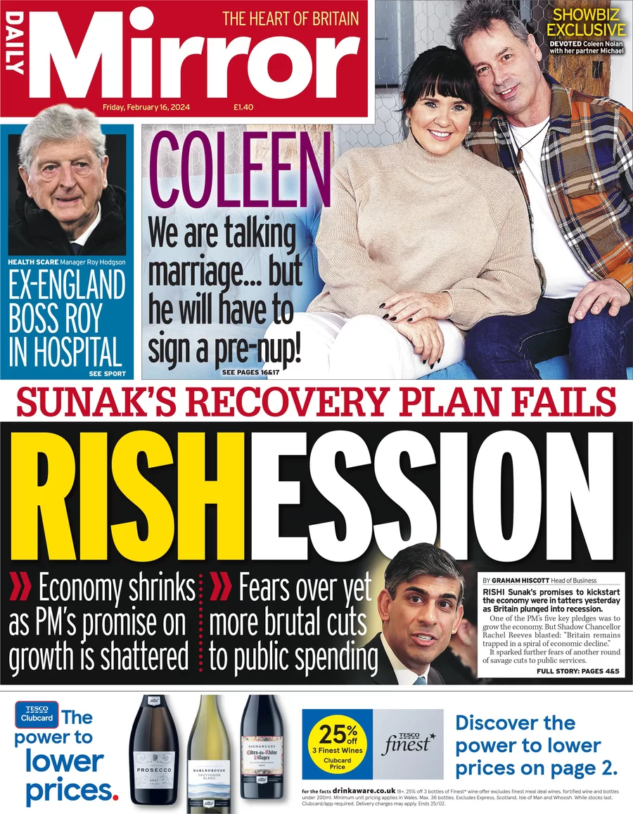 Daily Mirror - Sunak’s recovery plan fails: RISHESSION