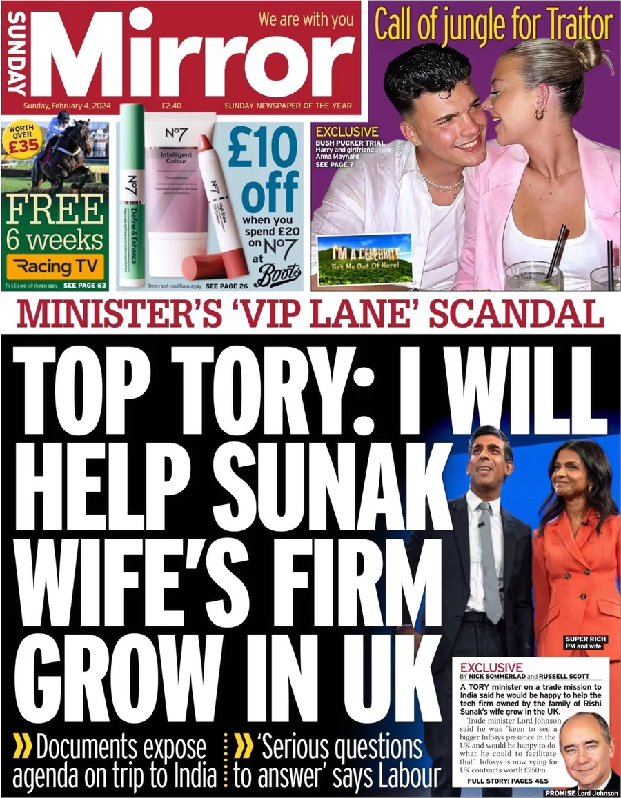 Sunday Mirror – Top Tory: I will help Sunak wife’s firm grow in the UK