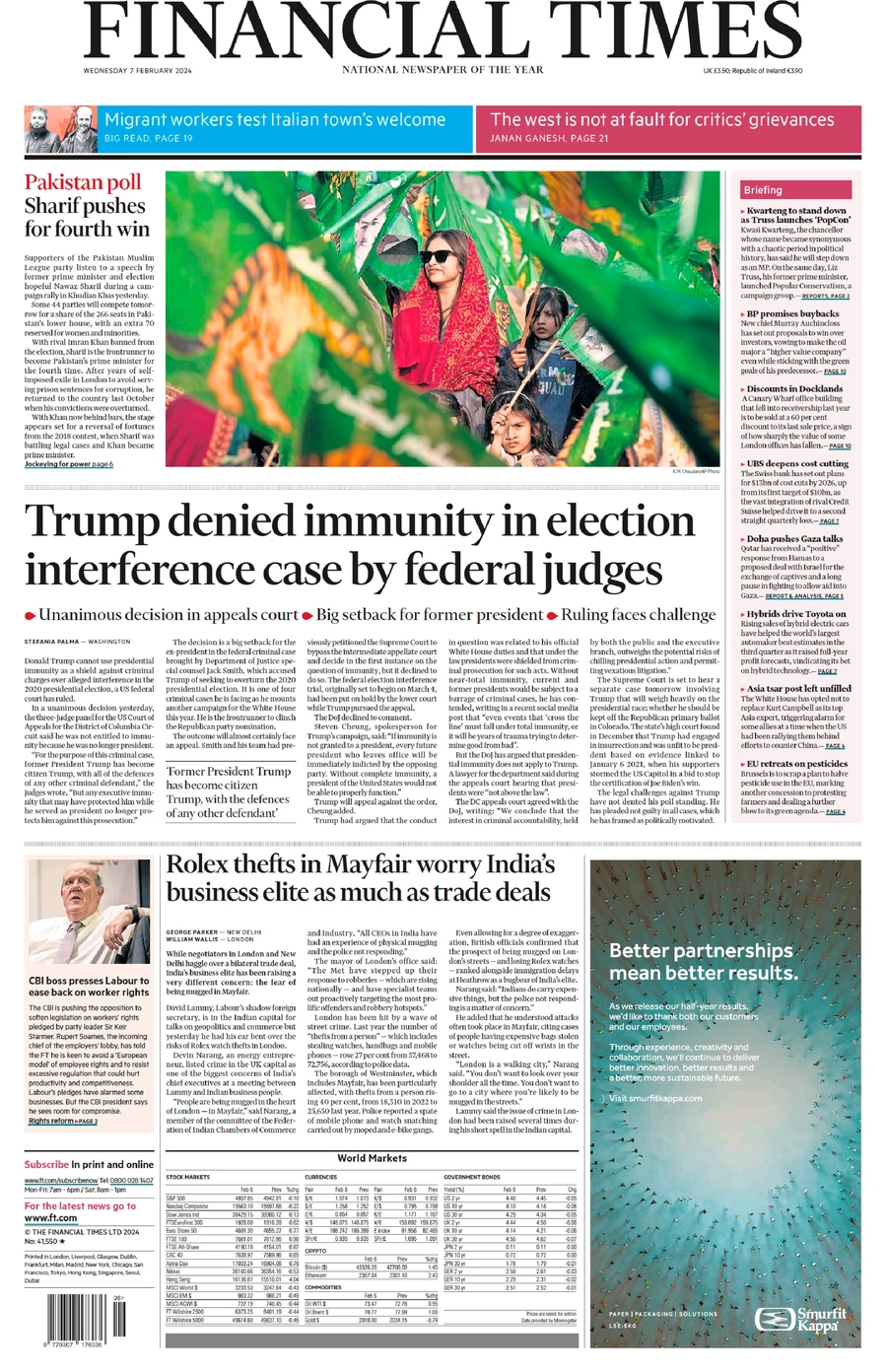 Financial Times - Trump denied immunity in election interference case by federal judges 