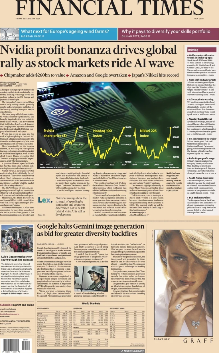 Financial Times - Nvidia profit bonanza drives global rally as stock markets ride AI wave