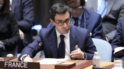 French Foreign Minister Stéphane Séjourné addresses a Security Council meeting, February 23, 2024 at United Nations headquarters.