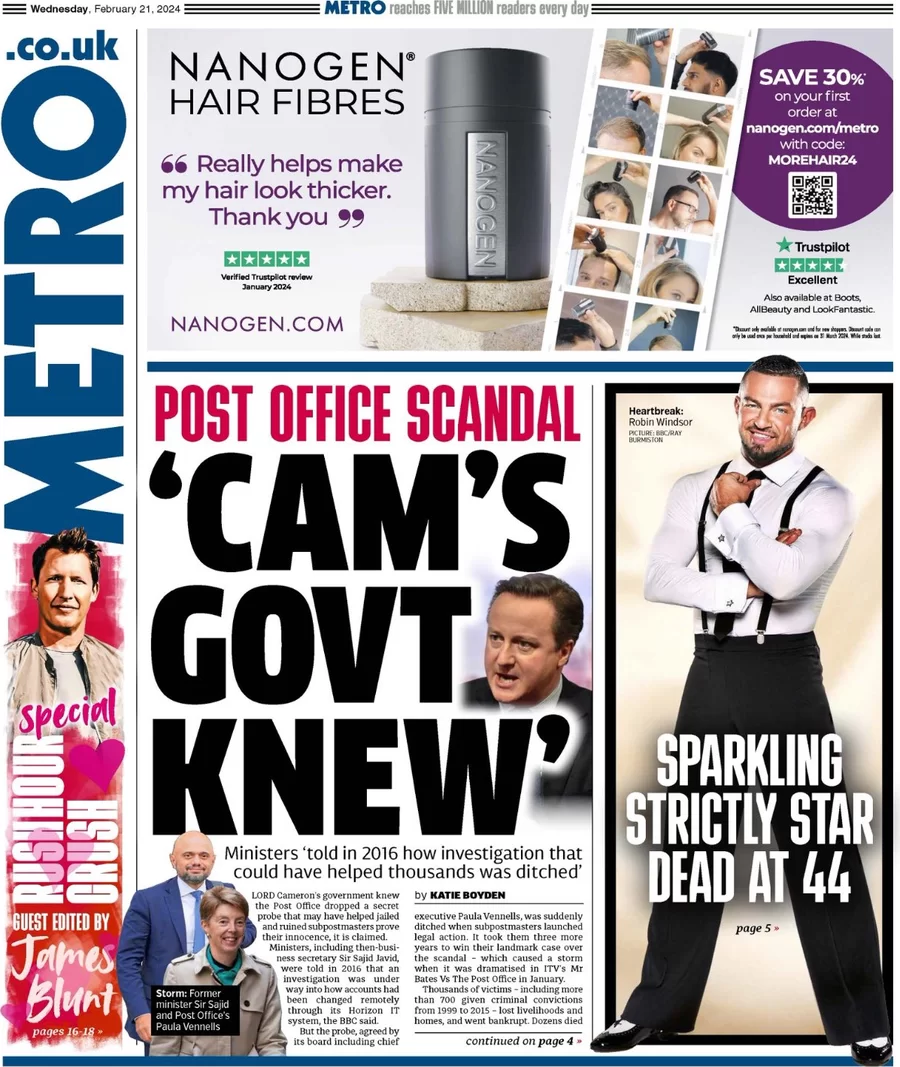 Metro - Post Office scandal: ‘Cameron’s government knew’ 