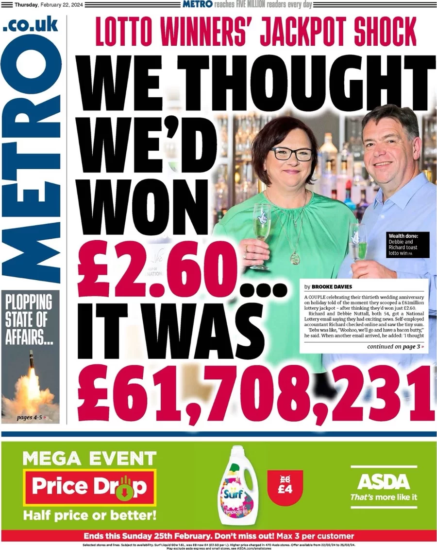 Metro - Lotto winners jackpot shock: ‘We thought we’d won £2.60 … it was £61 million’ 