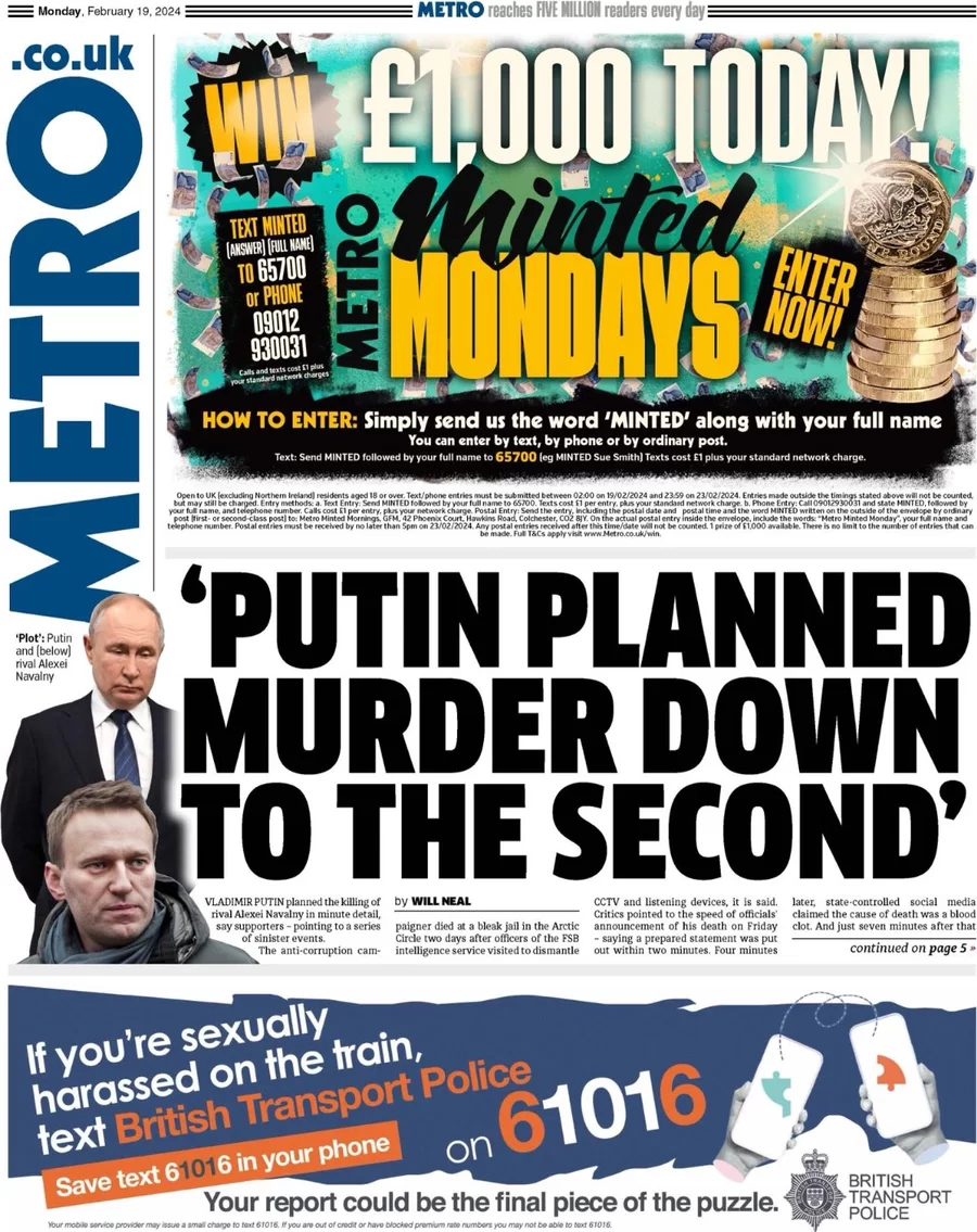 Metro - ‘Putin planned murder down to the second’ 