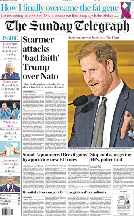 The Sunday Telegraph – ‘Starmer attacks ‘bad faith’ Trump over Nato’