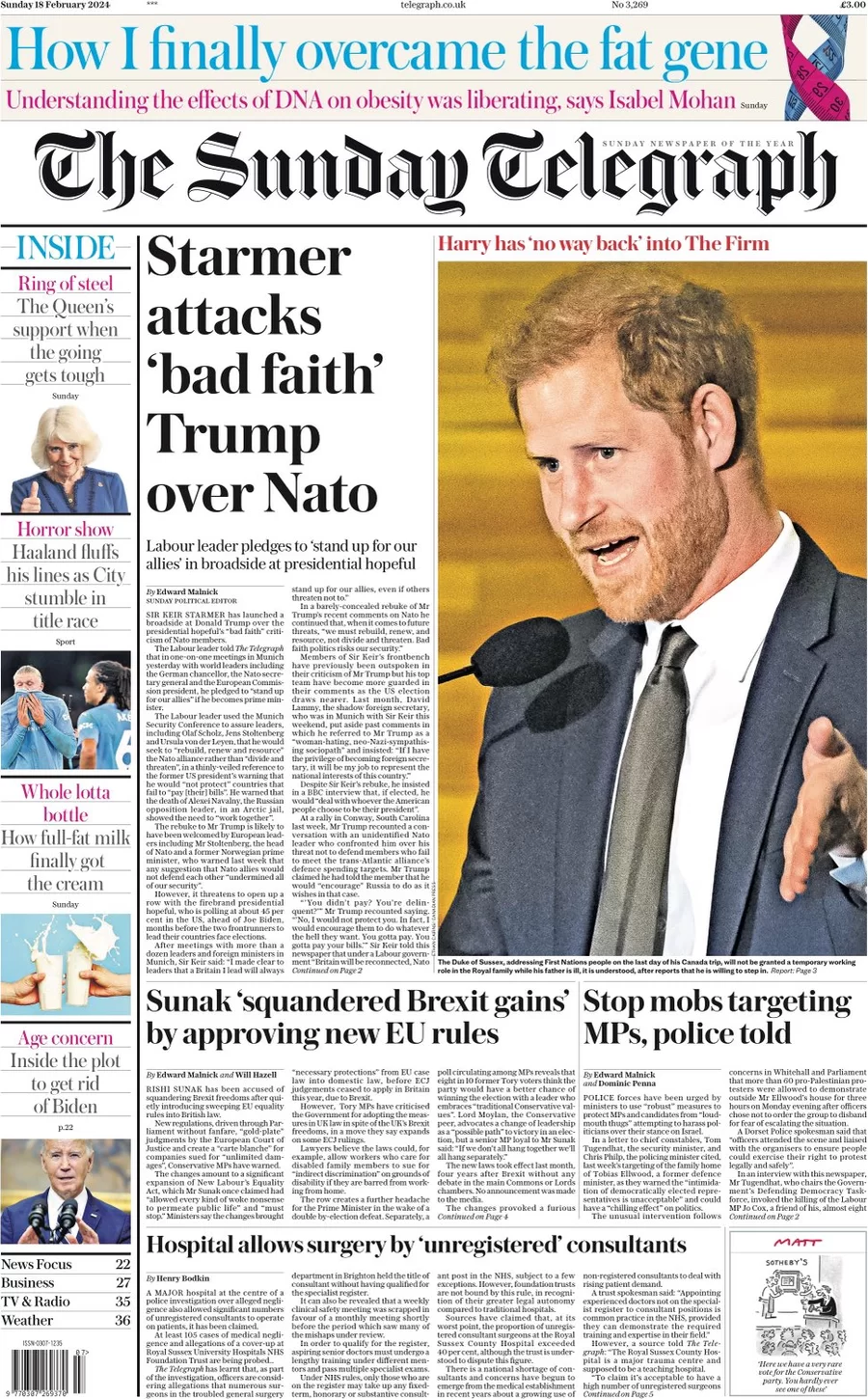 The Sunday Telegraph - ‘Starmer attacks ‘bad faith’ Trump over Nato’