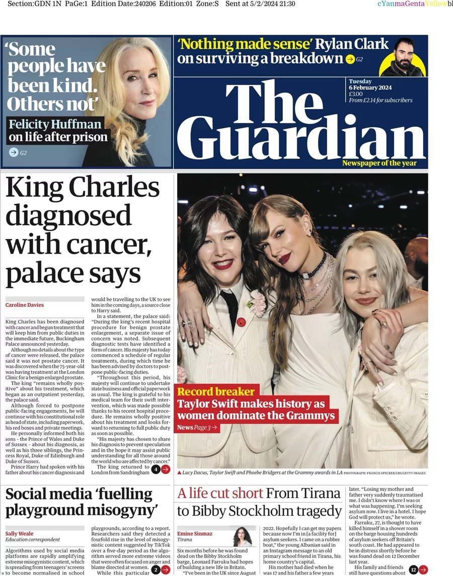The Guardian - King Charles diagnosed with cancer, Palace says 