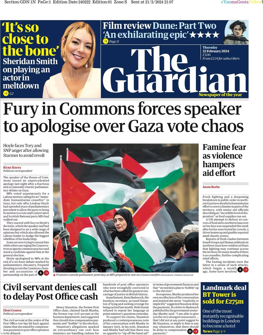 The Guardian - Fury in Commons forces speaker to apologise over Gaza vote chaos’ 
