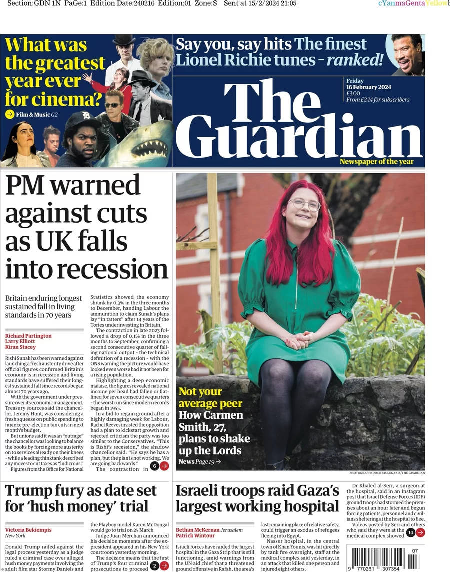 The Guardian - PM warned against cuts as UK falls into recession 