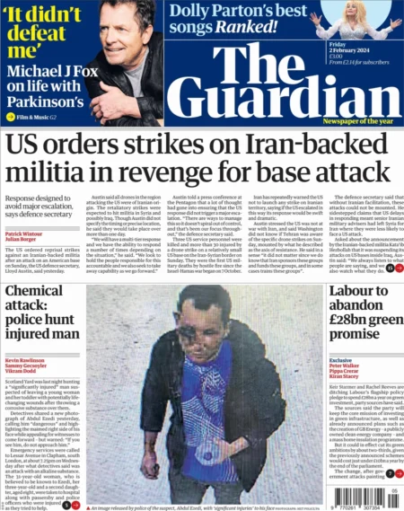The Guardian – US orders strikes on Iran-backed militia in revenge for base attack 