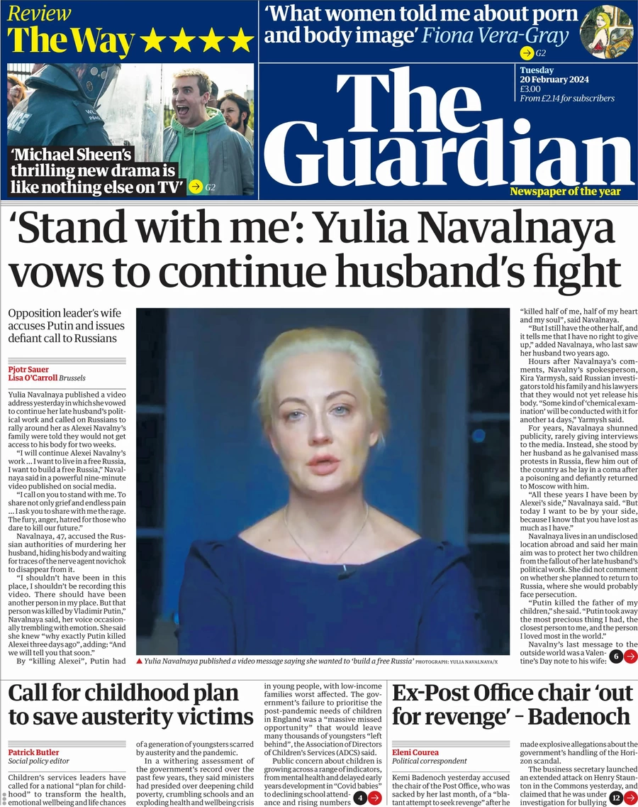 The Guardian - ‘Stand with me’: Yulia Navalnaya vows to continue husband’s fight 