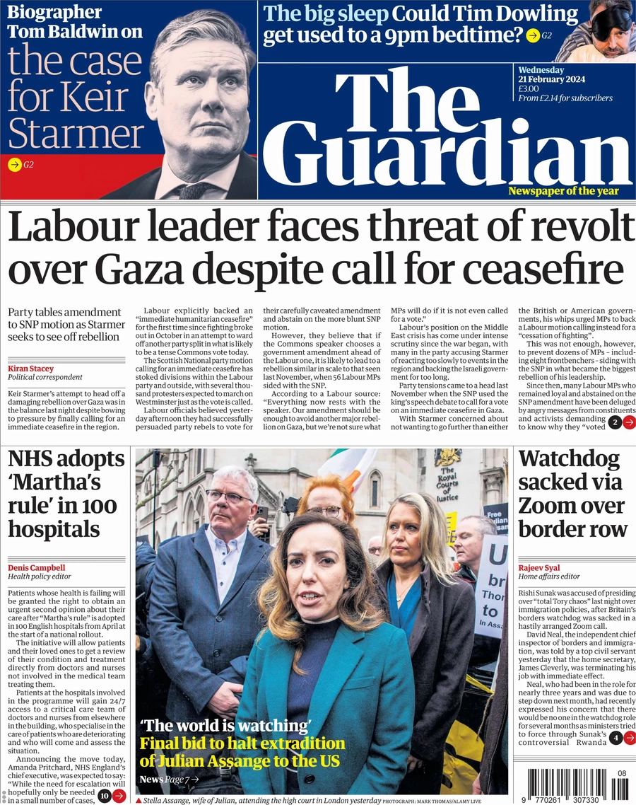 The Guardian - Labour leader faces threat of revolt over Gaza despite call ceasefire 