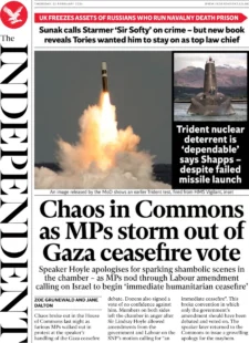 The Independent – ‘Chaos in Commons as MPs storm out of Gaza ceasefire vote’ 