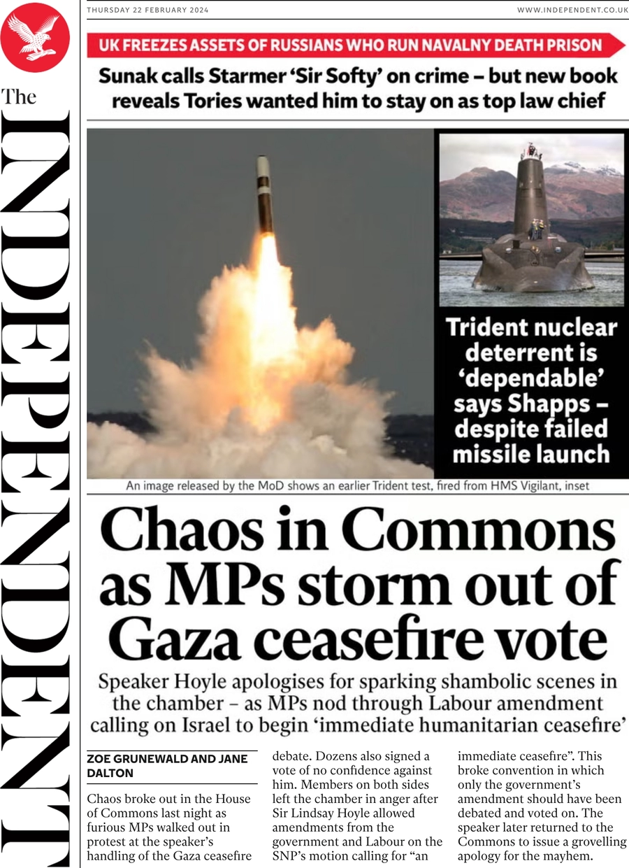 The Independent - ‘Chaos in Commons as MPs storm out of Gaza ceasefire vote’ 