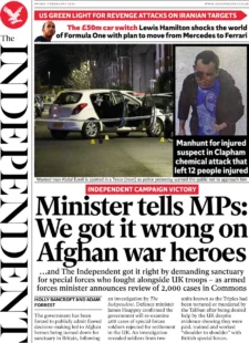 The Independent – Minister tells MPs: We got it wrong on Afghan war heroes 
