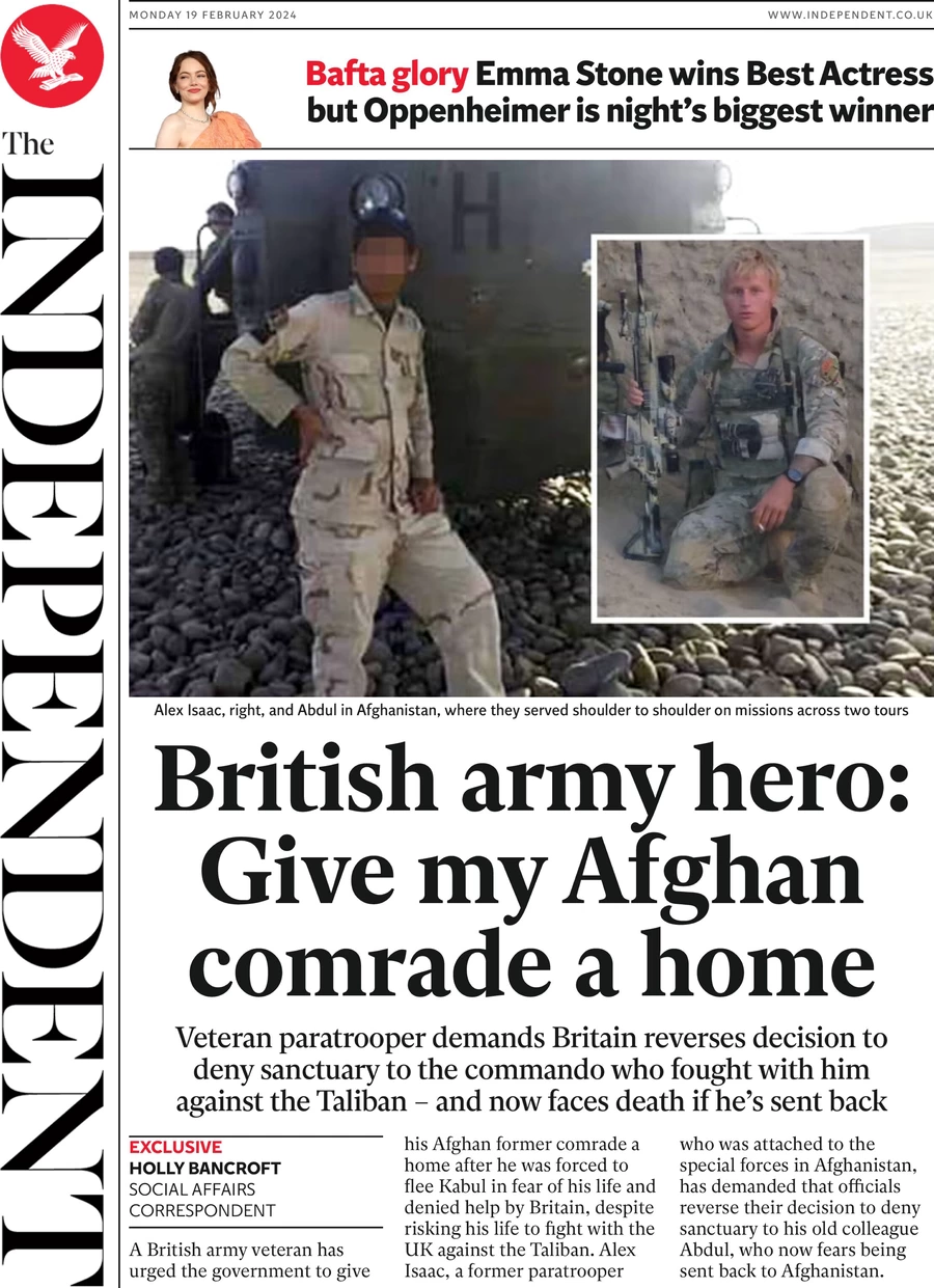 The Independent - ‘British Army hero: Give my Afghan comrade a home’ 