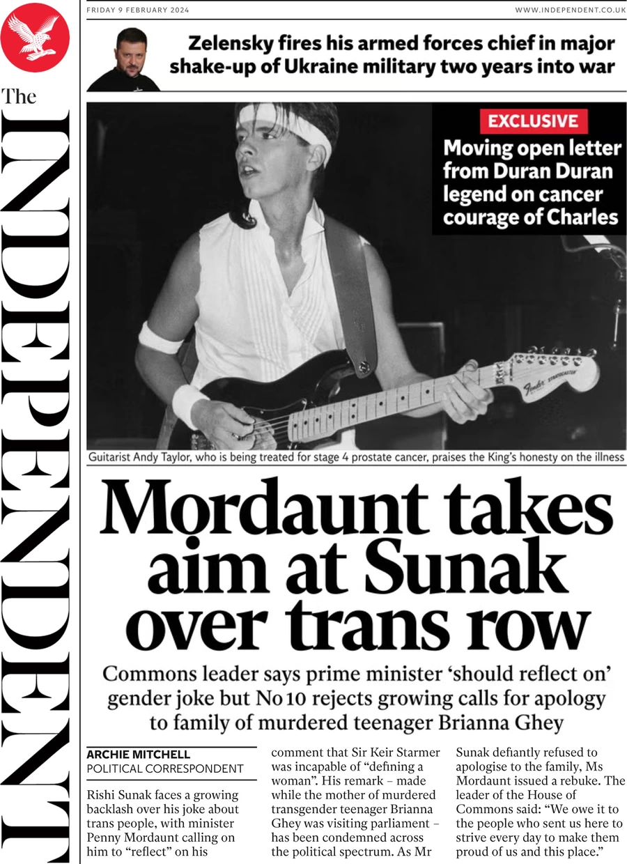 The Independent - ‘Mordaunt takes aim at Sunak over trans row’ 