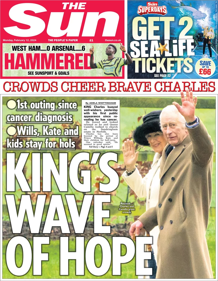 The Sun - Crowds cheer brave Charles: King’s wave of hope