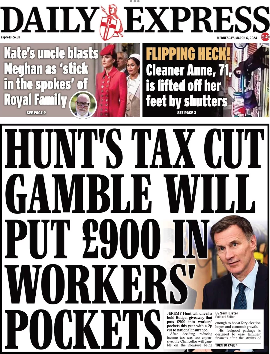 Daily Express - Hunt tax cut gamble will put £900 in workers’ pockets 