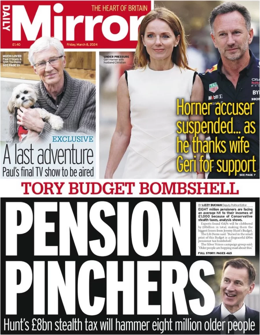 Daily Mirror - Tory Budget Bombshell: Pension Pinchers 