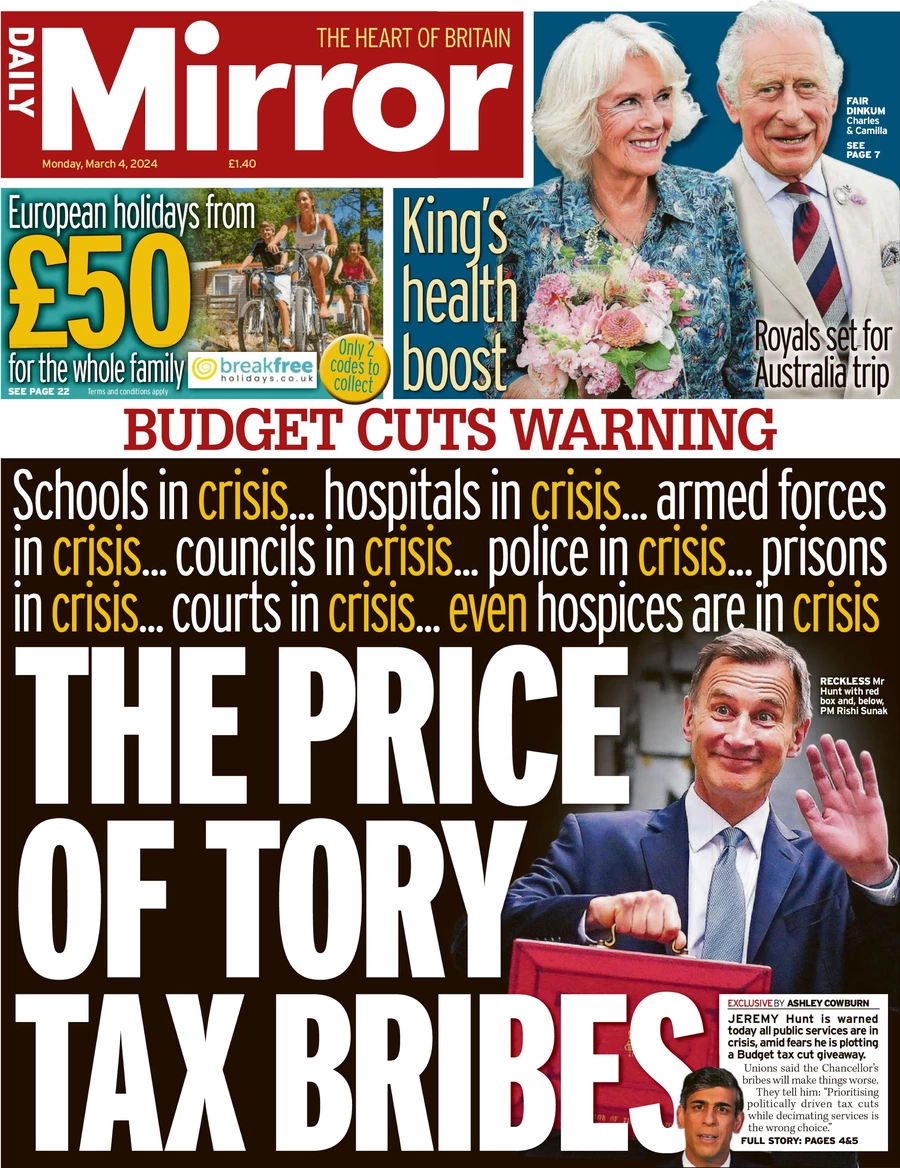 Daily Mirror - Budget cuts warning: The price of Tory tax bribes