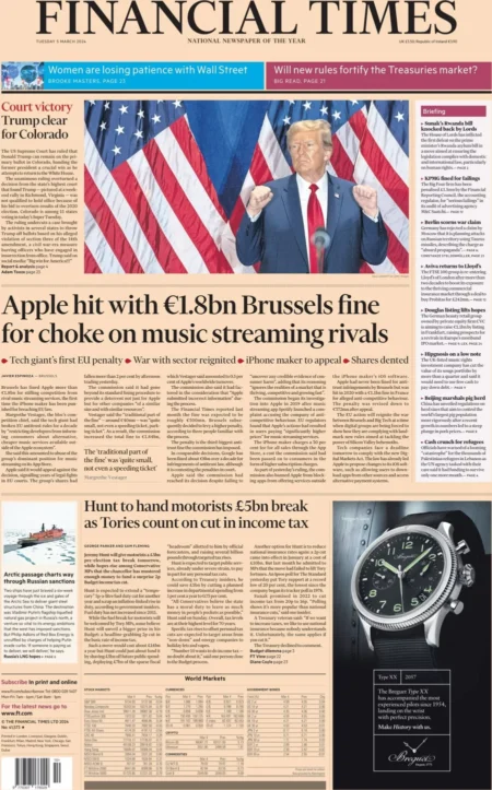 FT – Apple fined €1.8bn for breaking EU law over music streaming